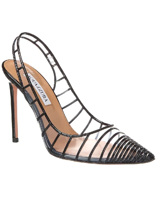 Sleek and Shiny Patent Pump Heels for a Polished Look--Aquazzura Call Me 105 Vinyl & Patent Slingback Pump