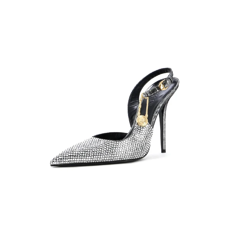 Women's Safety Pin Slingback Pumps Crystal Embellished SatinAffordable Satin Heels with a Luxe Touch