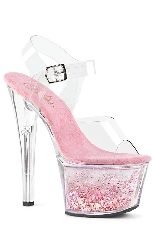 SKY-308WHG Clear & Pink Glitter Platform Heels---Trendy Glitter Heels for a Glamorous Look