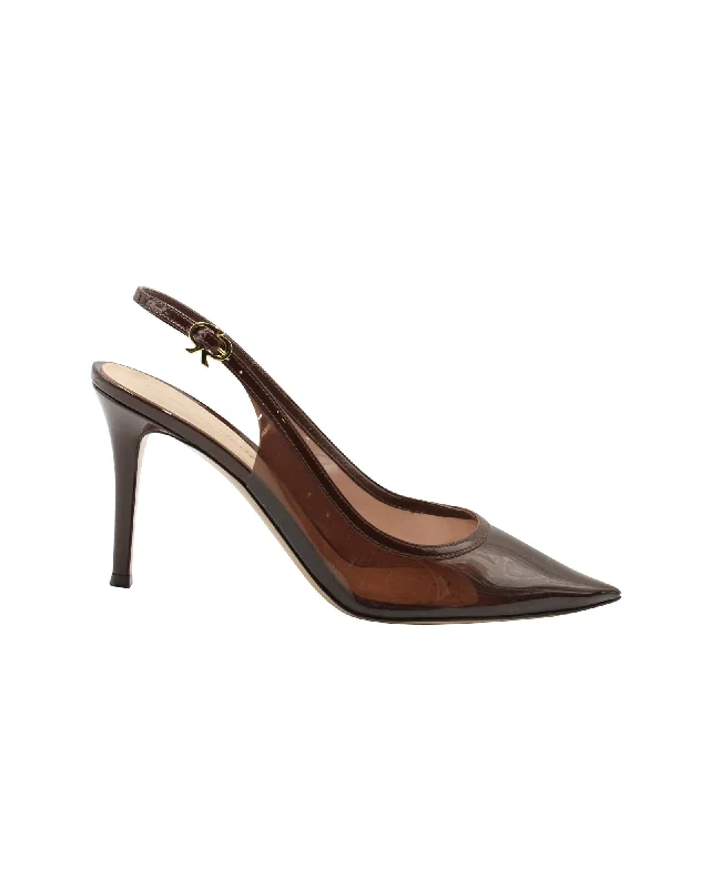 Gianvito Rossi Plexi 85 Slingback Pumps in Brown Leather-Trimmed PVC---Comfortable Leather Pumps for Office and Everyday Wear