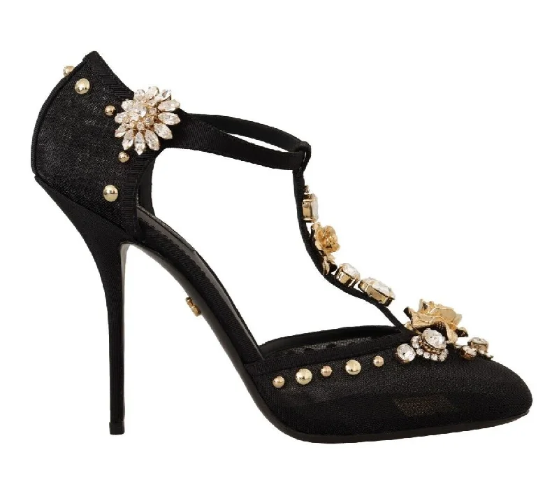 Dolce & Gabbana Elegant Crystal-Embellished Mesh T-Strap Women's Pumps---Chic Embellished Pumps for a Glamorous Look