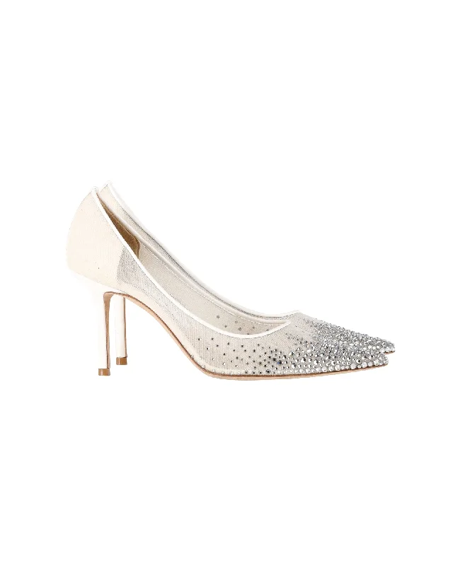 Jimmy Choo Love 85 Crystal-Embellished Pumps in Cream Mesh---Chic Embellished Pumps for a Glamorous Look