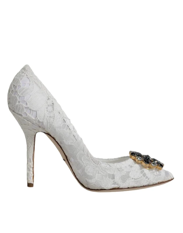 Affordable Rhinestone Pumps for a Dazzling Look---Dolce & Gabbana White Taormina Lace Crystal Heel Pumps Shoes