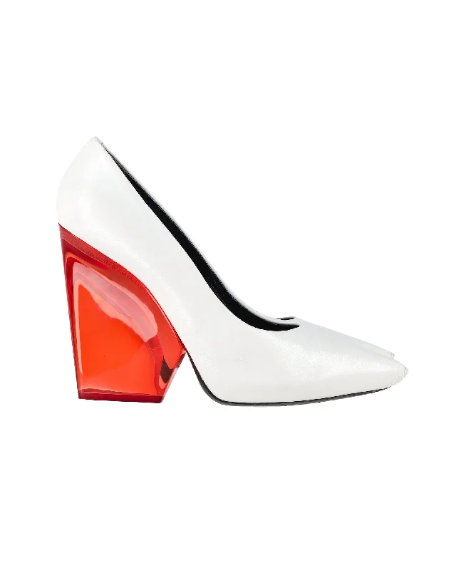 Stiletto Heel Pumps with Perfect Fit--Celine Demi Pointed Toe Wedges Pumps in White Leather-Fashionable & Classic