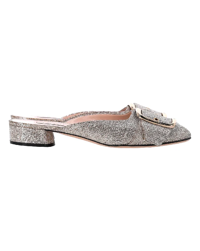 Casadei Alexa Low-Heel Mules in Gold Glitter---Trendy Glitter Heels for a Glamorous Look