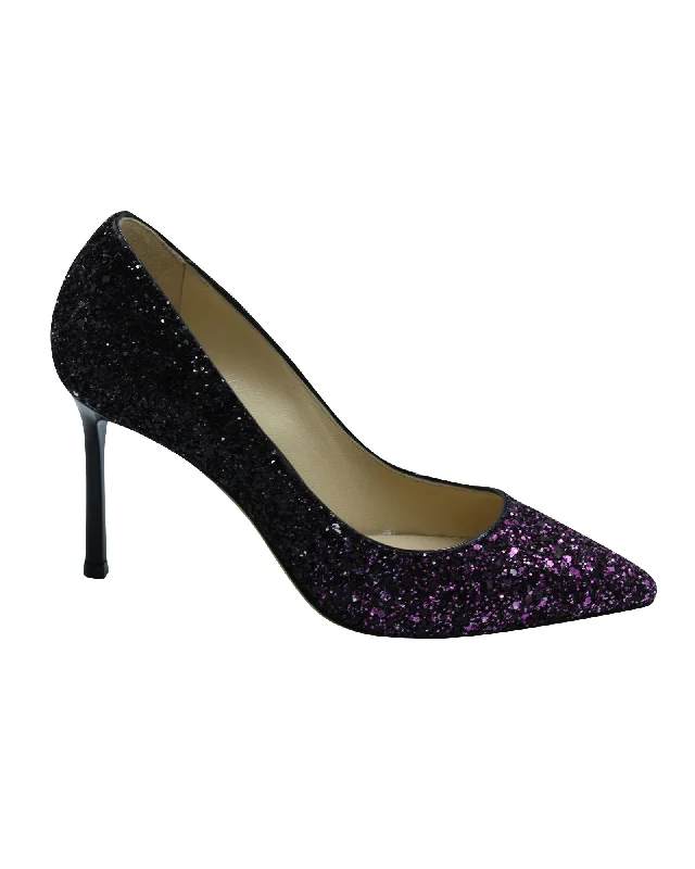 Jimmy Choo Romy 100 Pumps in Pink and Black Glitter---Trendy Glitter Heels for a Glamorous Look