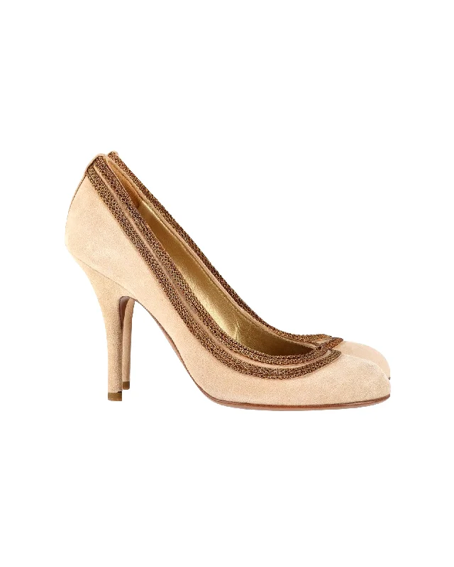 Affordable Suede Ankle Pumps for All-Day Wear--Sergio Rossi Chain Detail Pumps in Beige Suede