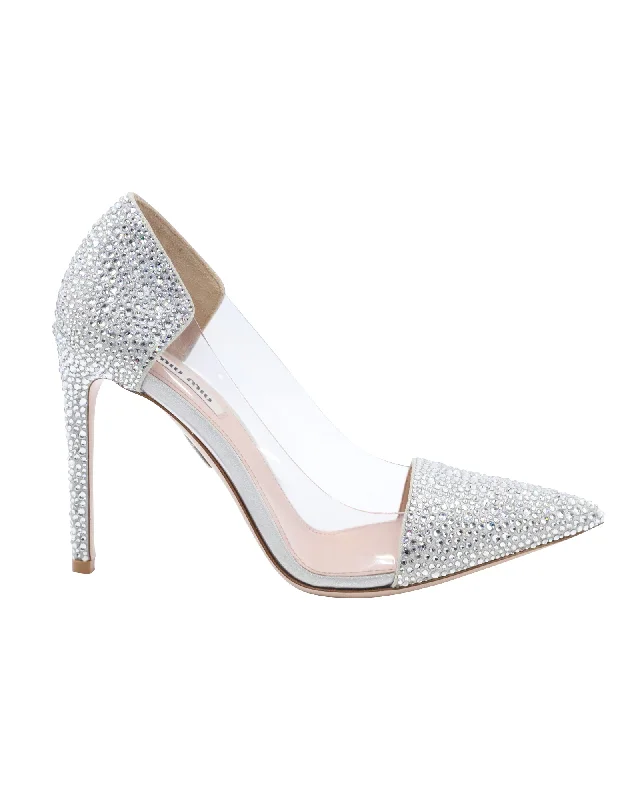 Miu Miu Crystal Embellished Glass Pumps in Silver Leather---Comfortable Leather Pumps for Office and Everyday Wear