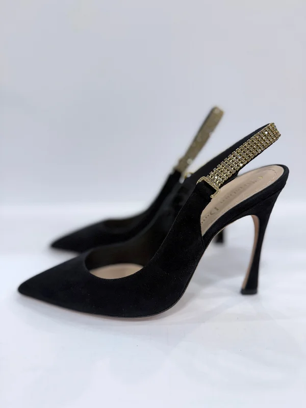 Affordable Suede Ankle Pumps for All-Day Wear--DIOR Black Suede Crystal Embelished Sling Back Pumps / US8-EU38.5