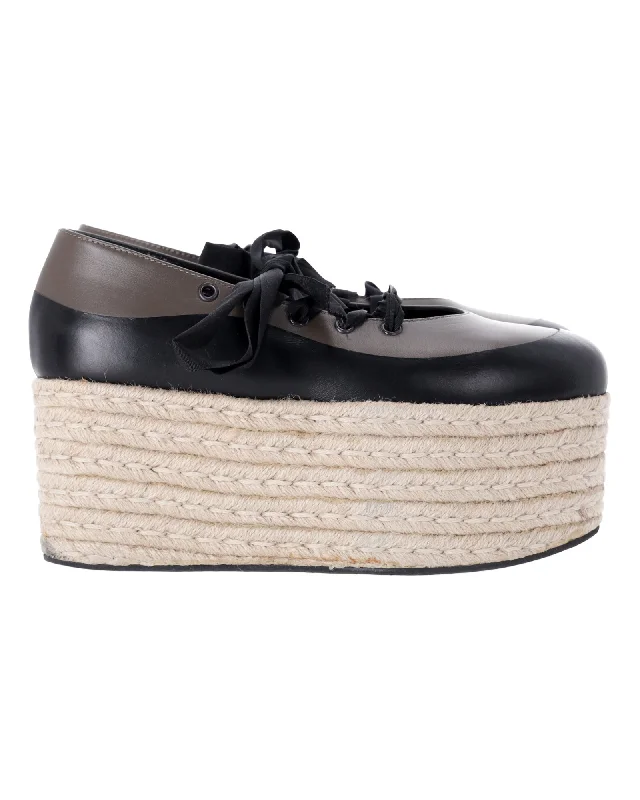 Marni Lace-Up Platform Espadrilles in Black and Grey Leather---Comfortable Leather Pumps for Office and Everyday Wear