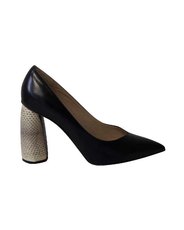 Trendy Chunky Heel Pumps for Casual Wear--Marc Jacobs Print Block Heel Pointed Court Shoes in Black Leather