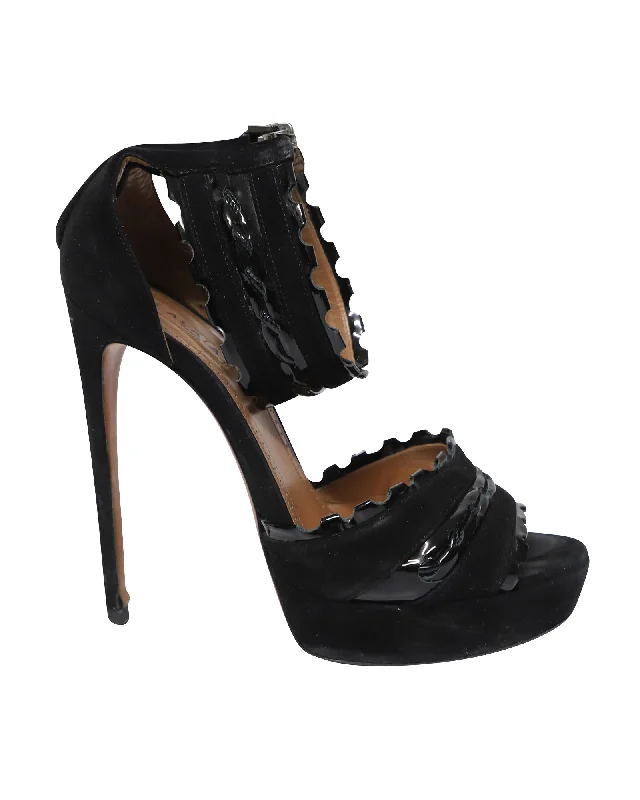 Stylish Ankle Strap Heels for Women--Alaia 140mm Ankle Strap Pumps in Black Suede