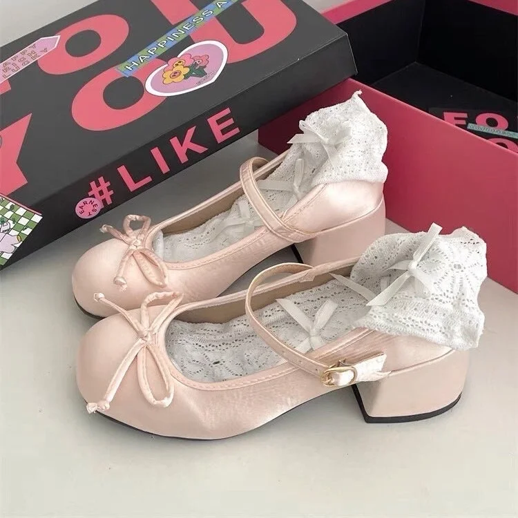 Trendy Chunky Heel Pumps for Casual Wear--Women Retro Mary Jane Heels, Women Vintage Ballerina Shoes, Women Plain Toe High Heels, Women Retro Pink Sliver Ballet Shoes