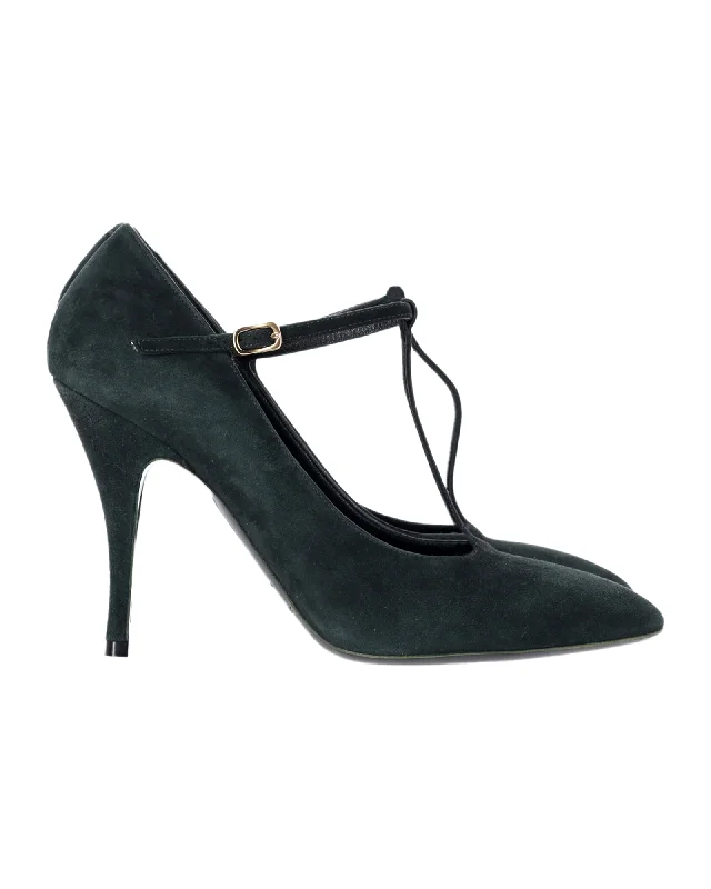 Affordable Suede Ankle Pumps for All-Day Wear--Rochas Green T-Strap Pumps in Green Suede