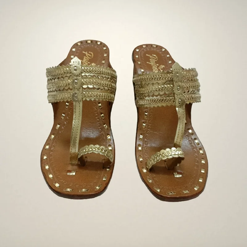 Versatile Heeled Sandals for Any Occasion---Light Gold Kongri Kolhapuris | Women | Hand Crafted | Comfortable | Block Heel