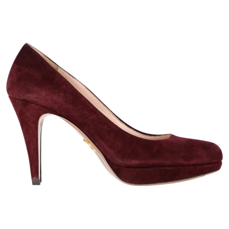 Affordable Suede Ankle Pumps for All-Day Wear--Prada Platform Heel Pumps in Burgundy Suede