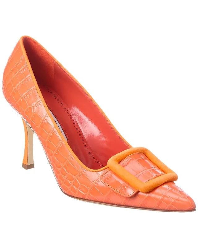 Affordable Suede Ankle Pumps for All-Day Wear--Manolo Blahnik Maysale 90 Croc-Embossed Leather & Suede Pump