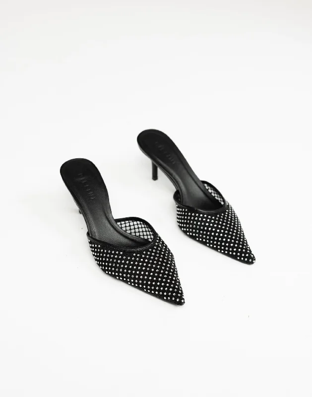 Stiletto Heel Pumps with Perfect Fit--Dez Heels (Black Mesh-Diamante) - By Billini-Fashionable & Classic