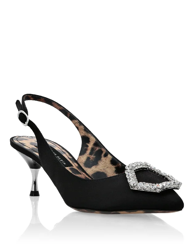 Satin Decollete Slingback Low Heels Crystal HexagonAffordable Satin Heels with a Luxe Touch