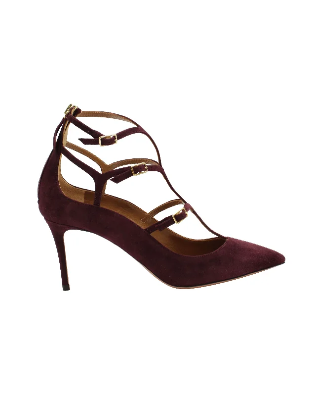 Affordable Suede Ankle Pumps for All-Day Wear--Aquazzura Eternity Strappy Pumps in Maroon Suede