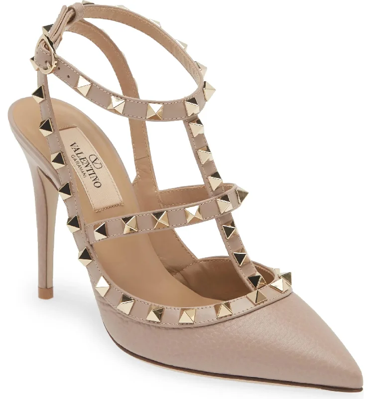 Stiletto Heel Pumps with Perfect Fit--Valentino Garavani Women's Rockstud T-Strap Pointed Toe Pumps, Poudre-Fashionable & Classic