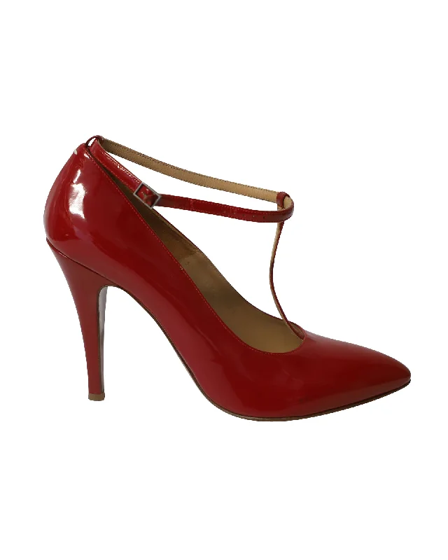 Sleek and Shiny Patent Pump Heels for a Polished Look--Maison Martin Margiela Point-Toe with T-Strap in Red Patent Leather