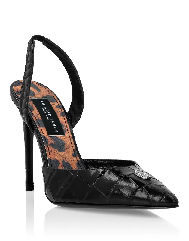 Fashionable Leather Slingback Pumps for Casual Wear--Croco Printed Leather Slingback Shoes