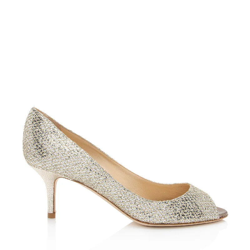 Jimmy Choo Glitter Fabric Isabel Peep Toe Pumps---Trendy Glitter Heels for a Glamorous Look