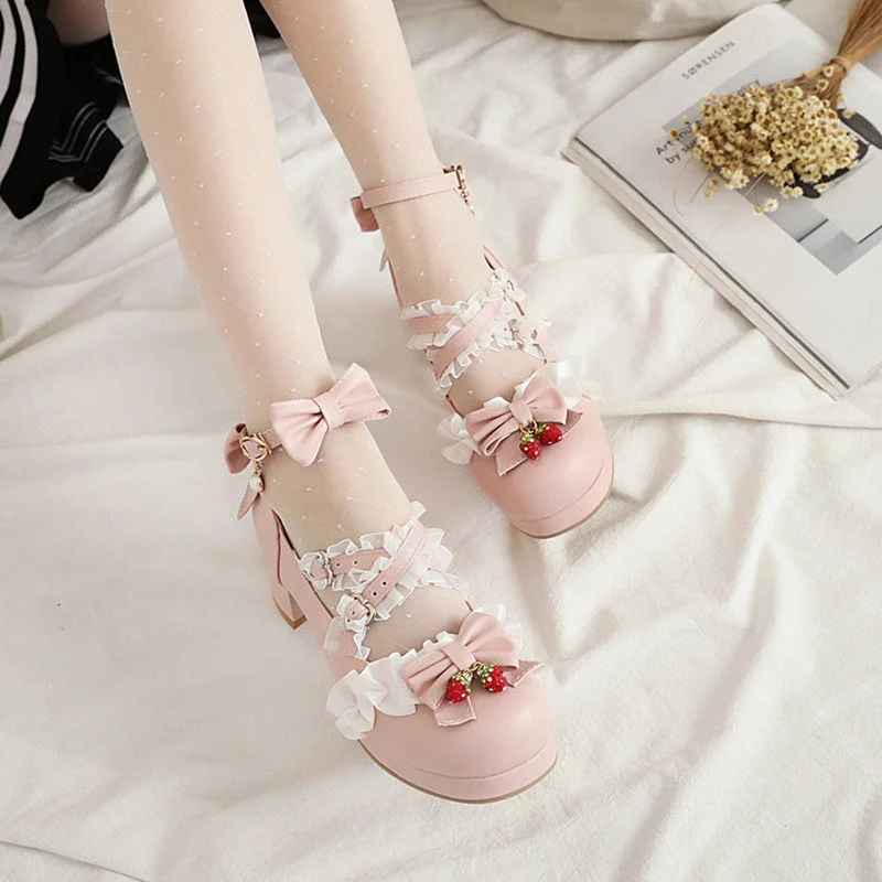 Lolita Bowknot Strawberry High Heels YV43737---Charming Bow Pumps for a Cute and Stylish Look