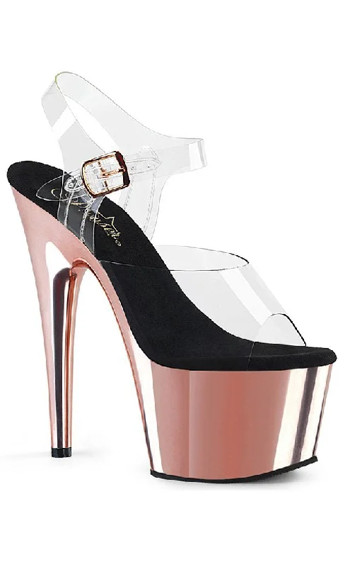 Stylish Platform Heels for Extra Height--ADORE-708 Clear & Rose Gold Chrome Platform Heels