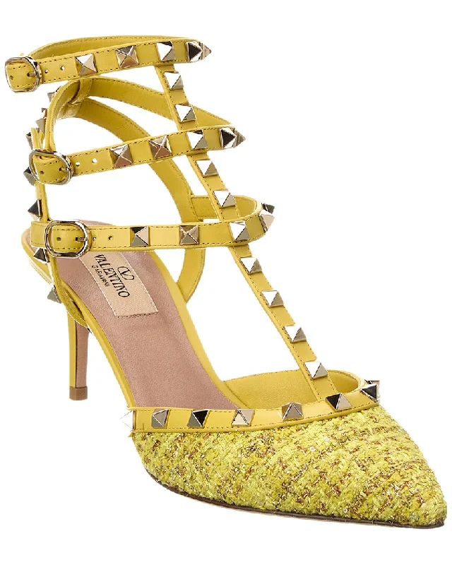 Stylish Ankle Strap Heels for Women--Valentino Rockstud Caged 65 Leather & Tweed Ankle Strap Pump