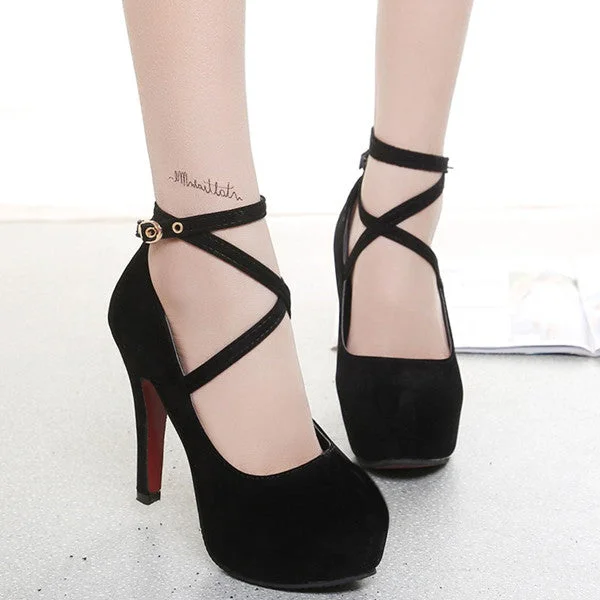 Trendy Chunky Heel Pumps for Casual Wear--Black straps with high heels YV40496