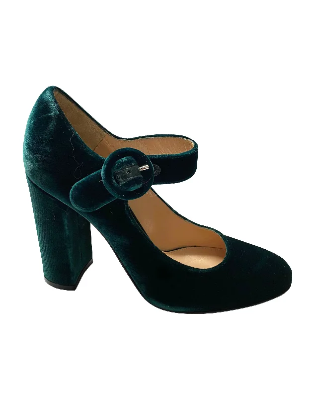 Luxurious Velvet Women's Pumps with Soft Finish---Gianvito Rosi Lorraine Mary Jane Pumps in Green Velvet