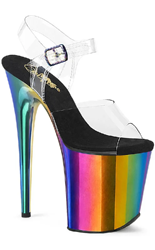 FLAMINGO-808RC Clear & Rainbow Chrome Heels---Charming Bow Pumps for a Cute and Stylish Look