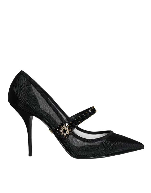 Affordable Rhinestone Pumps for a Dazzling Look---Dolce & Gabbana  Mesh Mary Jane Crystal Heel Pumps Women's Shoes