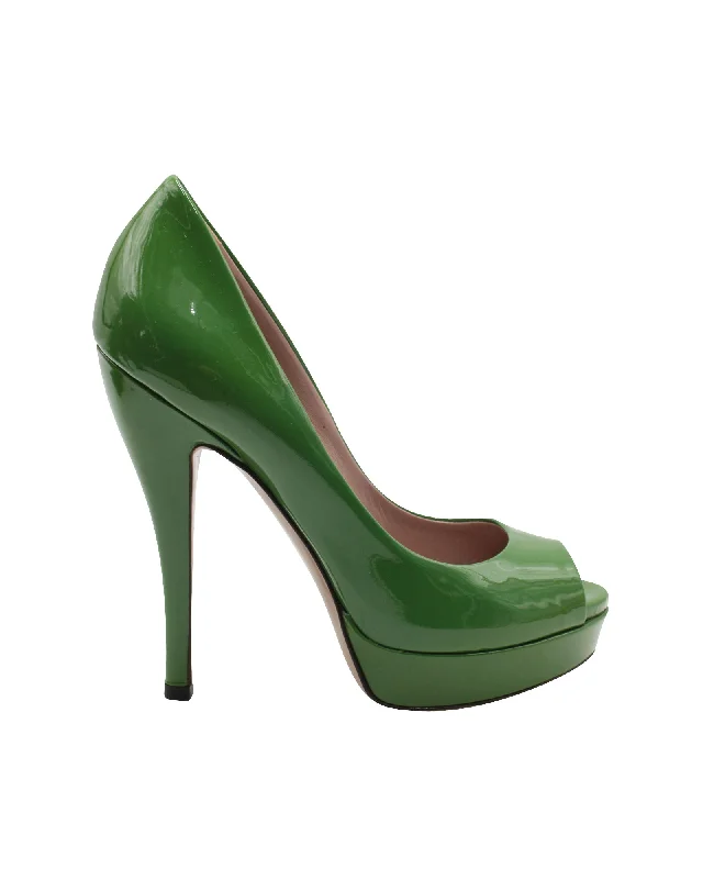 Sleek and Shiny Patent Pump Heels for a Polished Look--Gucci Peep-Toe High Heel Pumps in Green Patent Leather