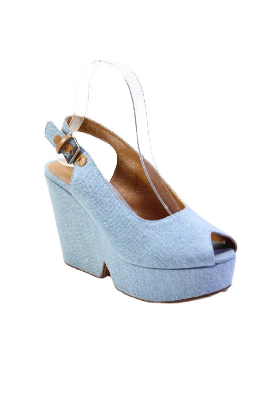 Trendy Peep Toe Platform Heels Crafted from Genuine Leather--Clergerie Womens Blue Denim Peep Toe Block Platform Heels Shoes