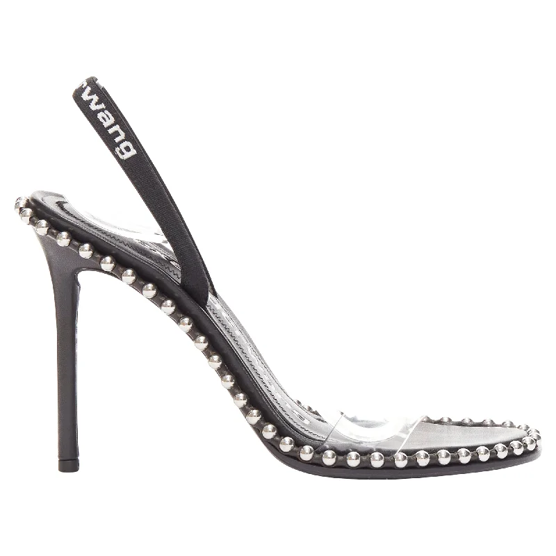 Versatile Heeled Sandals for Any Occasion---Alexander Wang Nova 105 silver studded black logo slingback heels