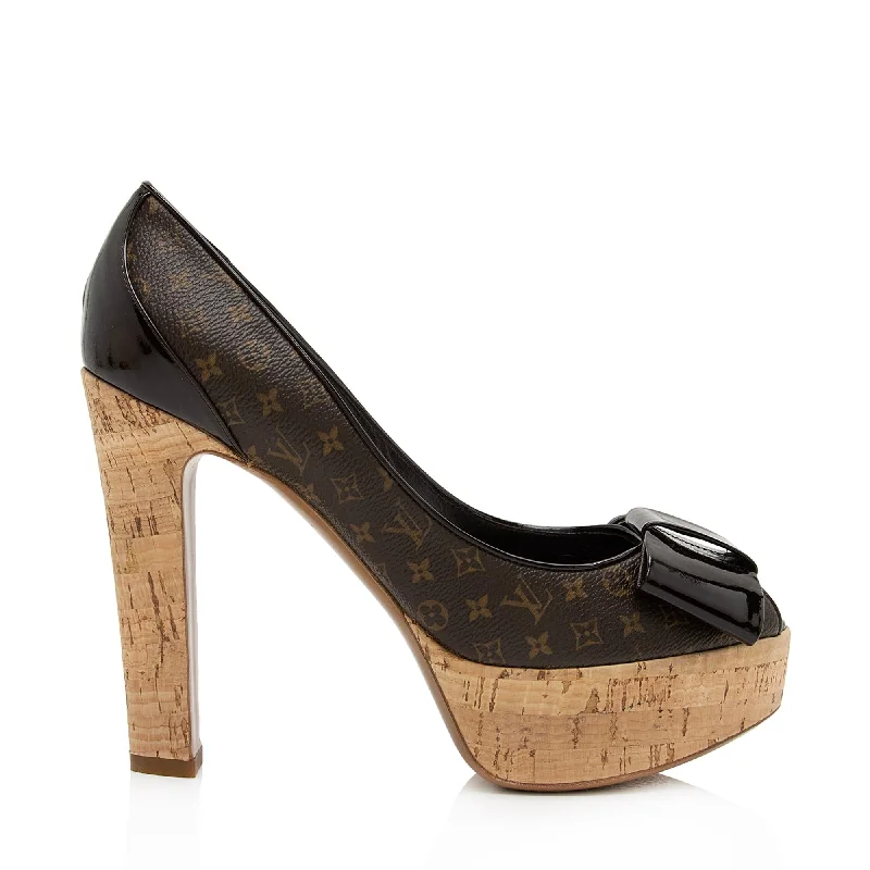 Trendy Peep Toe Platform Heels Crafted from Genuine Leather--Louis Vuitton Monogram Canvas Cork Rivoli Peep Toe Platform Pumps