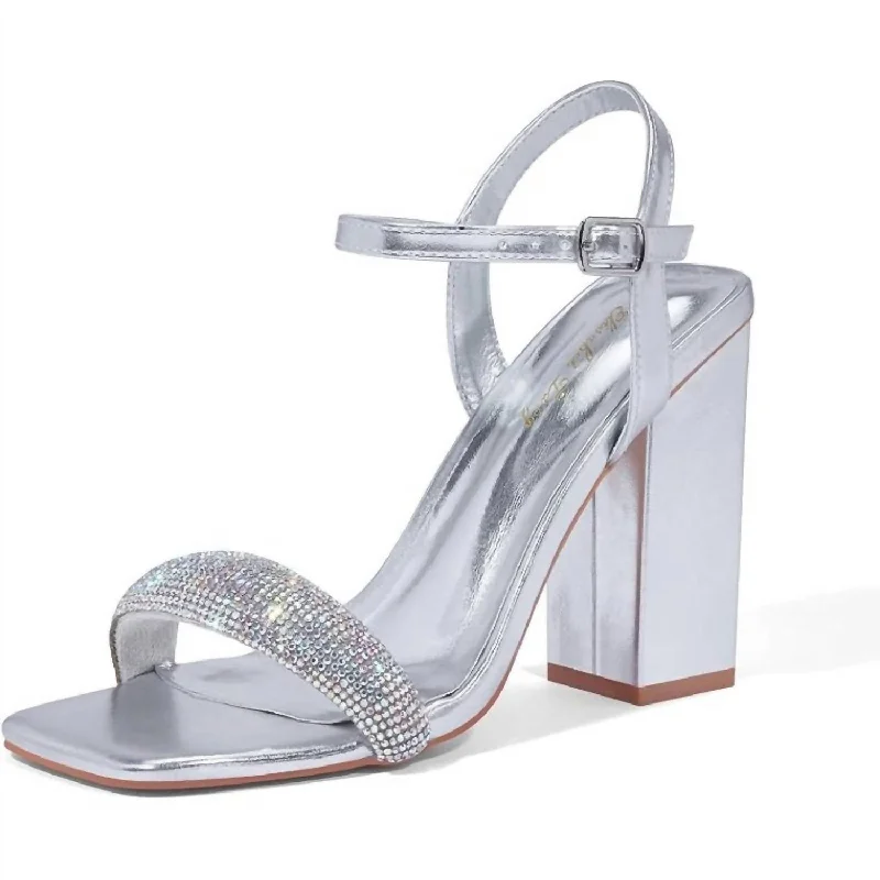 Stylish Ankle Strap Heels for Women--Women's Rhinestone Ankle Strap Block Heels In Silver