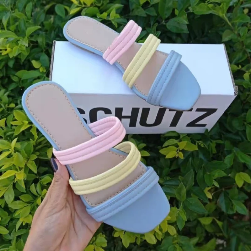 Square Toe Flat Bottom Color Matching Beach Slippers Female (SL8343)---Durable Square Toe Block Heels for Everyday Use