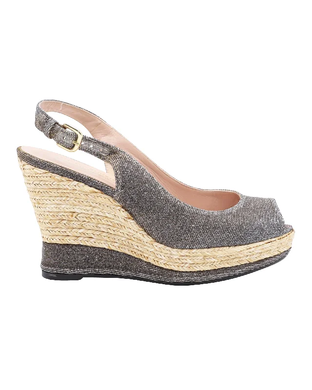 Stuart Weitzman Jean Peeptoe Cork Wedge in Silver Glitter Leather---Trendy Glitter Heels for a Glamorous Look