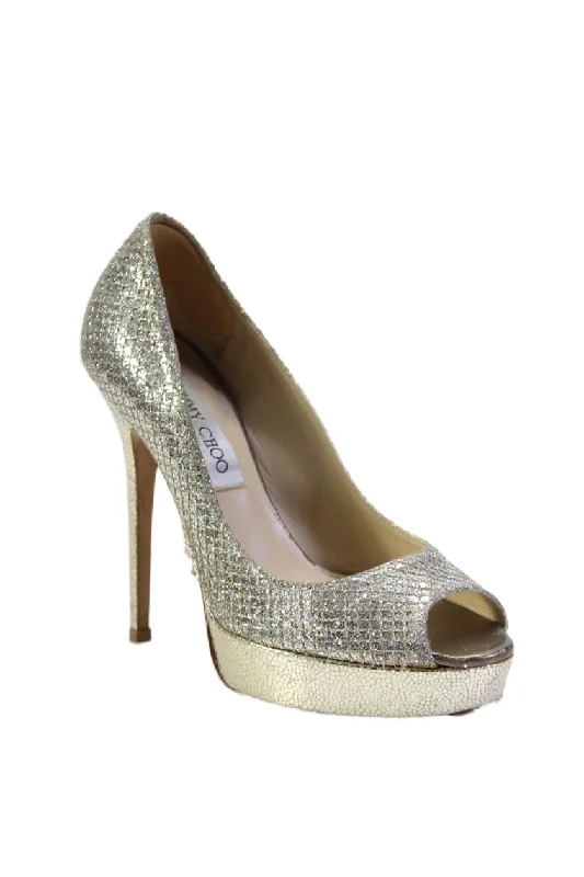 Trendy Peep Toe Platform Heels Crafted from Genuine Leather--Jimmy Choo Womens Peep Toe Platform Pumps Silver Metallic Gold