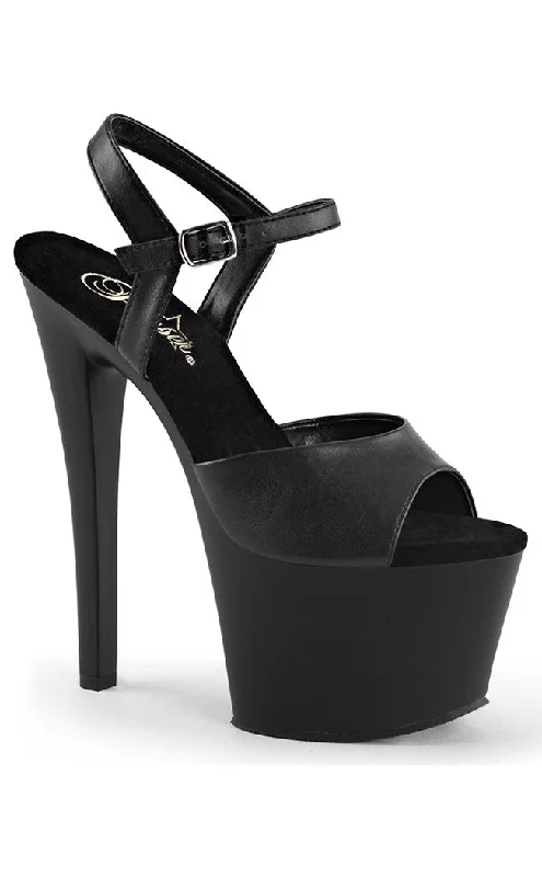 SKY-309 Black Vegan Leather Platform Heels---Comfortable Leather Pumps for Office and Everyday Wear