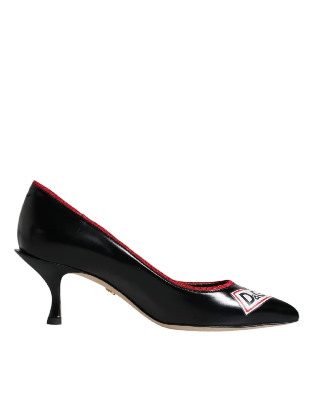 Dolce & Gabbana Black Leather Logo Print Heels Pumps Shoes---Comfortable Leather Pumps for Office and Everyday Wear