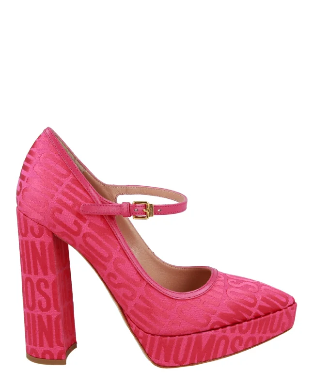 Versatile Heeled Sandals for Any Occasion---Moschino Womens Logo Jacquard Mary Jane Pumps