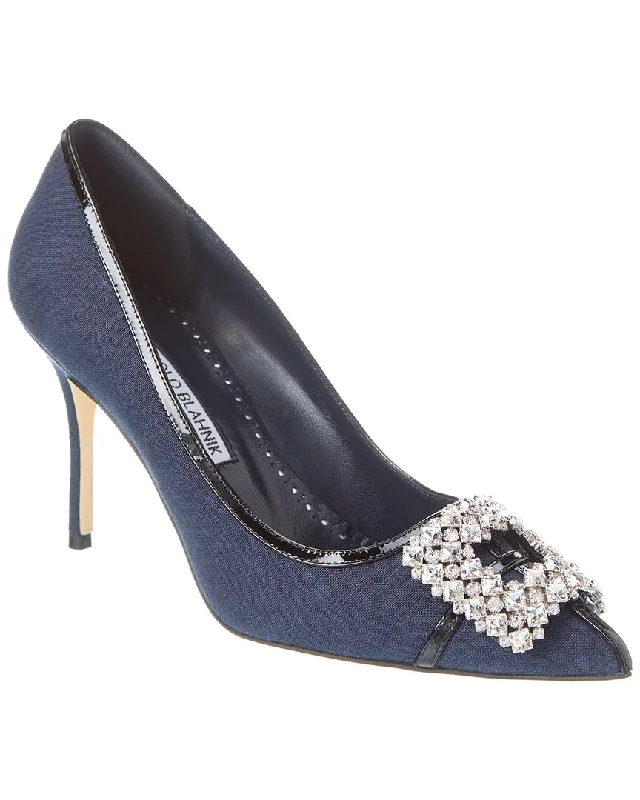 Manolo Blahnik Tuberian 90 Linen & Leather Pump---Comfortable Leather Pumps for Office and Everyday Wear