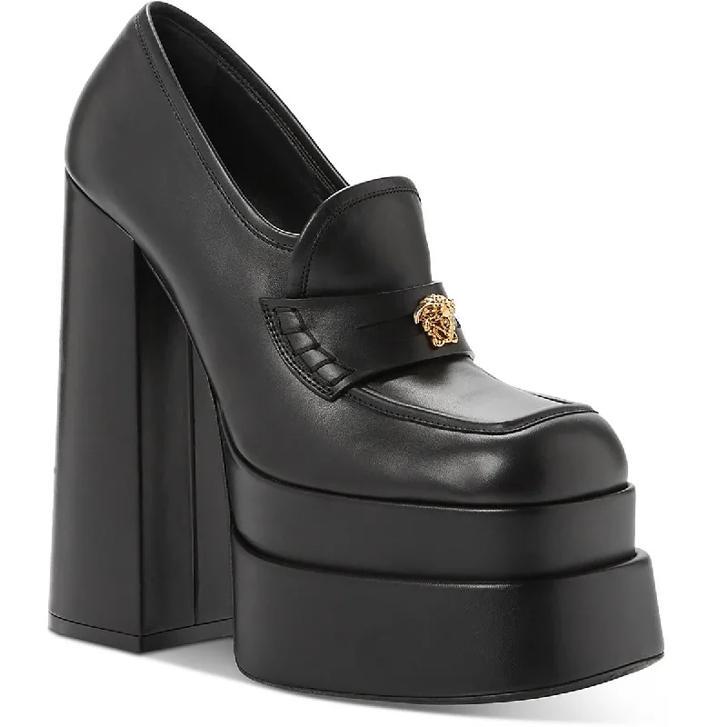 Trendy Chunky Heel Pumps for Casual Wear--Versace Womens Mocassino Vitellino Leather Loafer Heels