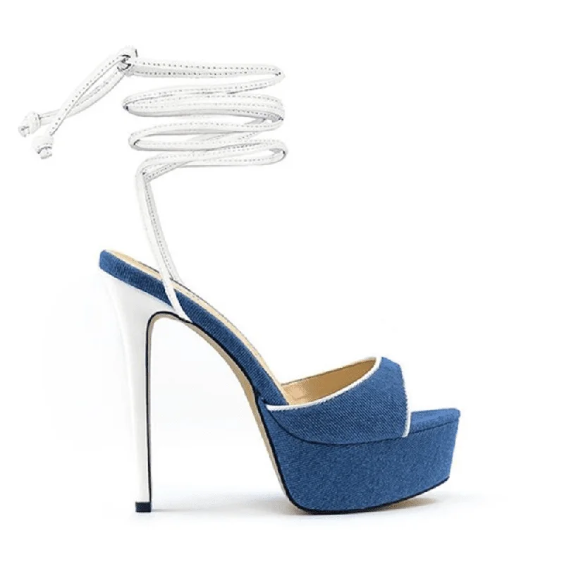 Trendy Peep Toe Platform Heels Crafted from Genuine Leather--Denim Peep Toe heels