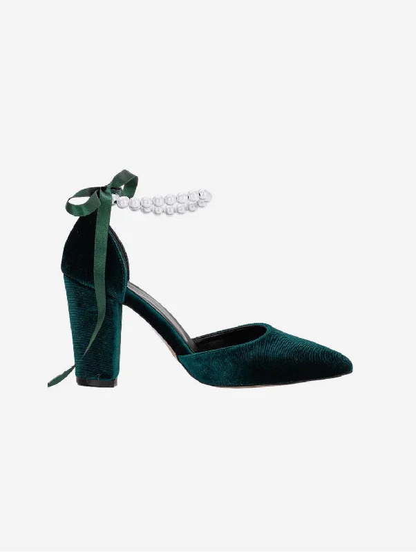 Agnes Vegan Leather Pearl Heels | Green---Comfortable Leather Pumps for Office and Everyday Wear